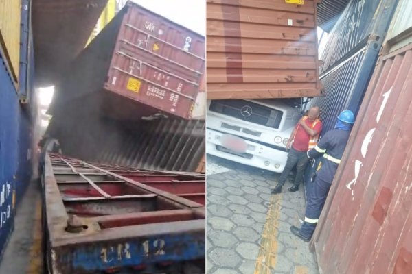Desabamento de contêineres no Porto do Chibatão causa pânico e deixa motorista preso (vídeo)