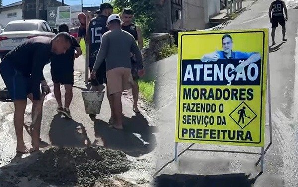Cansados de esperar pela Prefeitura, moradores tapam buraco em rua do Petrópolis para evitar tragédia